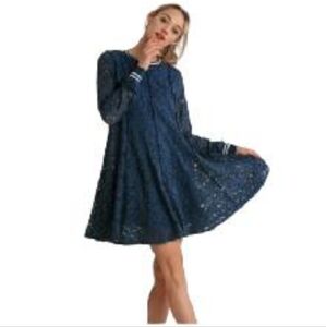 Umgee NEW Blue Lace Stripe Trim Long Sleeve Lined Preppy Dress Size Small